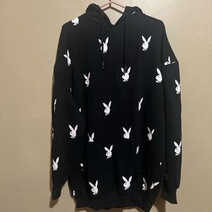 Playboy x Missguided Black Repeat Print Oversized Hoodie Dress